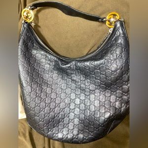 Black Embossed Leather Gucci Hobo Bag Large